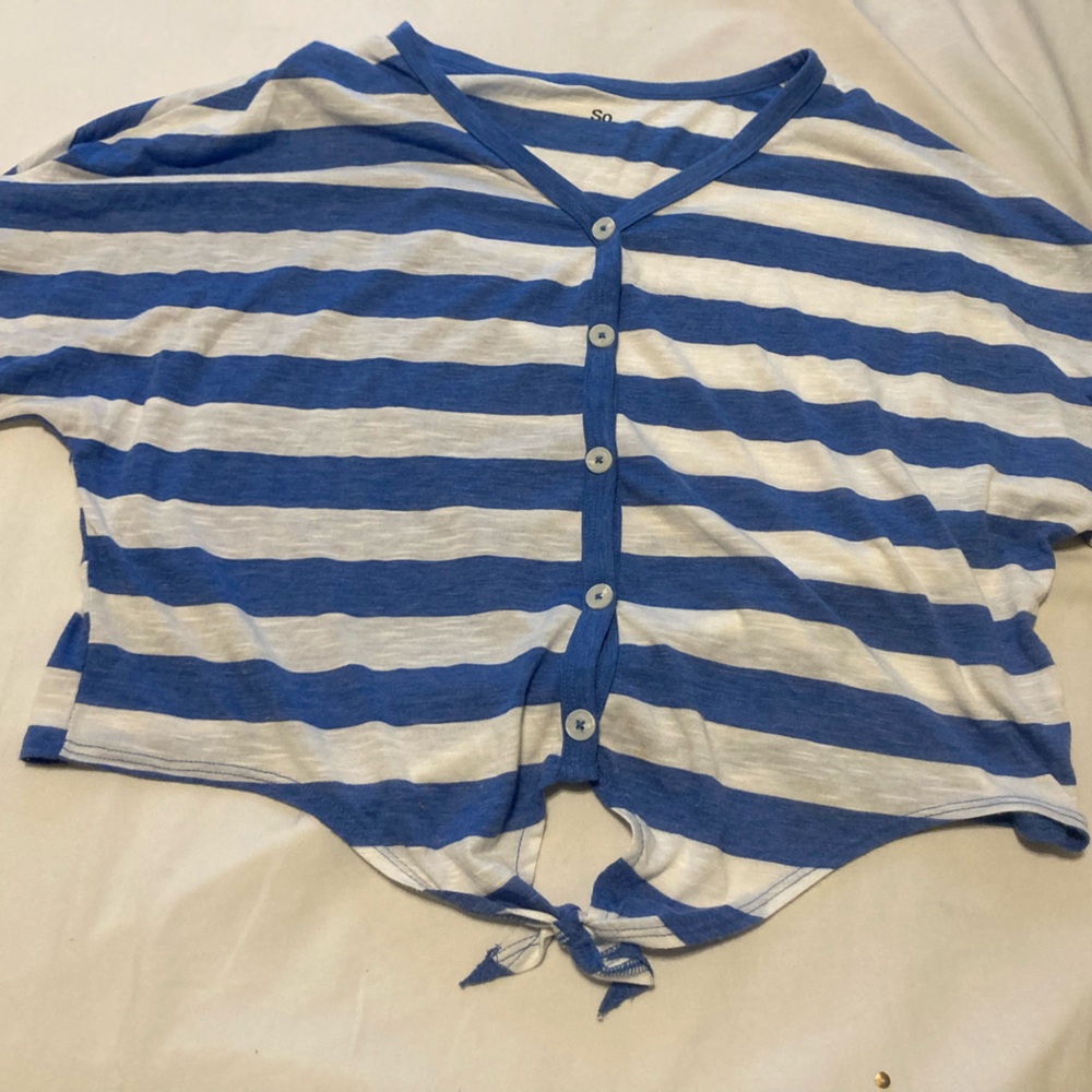 Kohl's SO Juniors Burnout Blue And White Striped Shirt With Buttons And Tie
